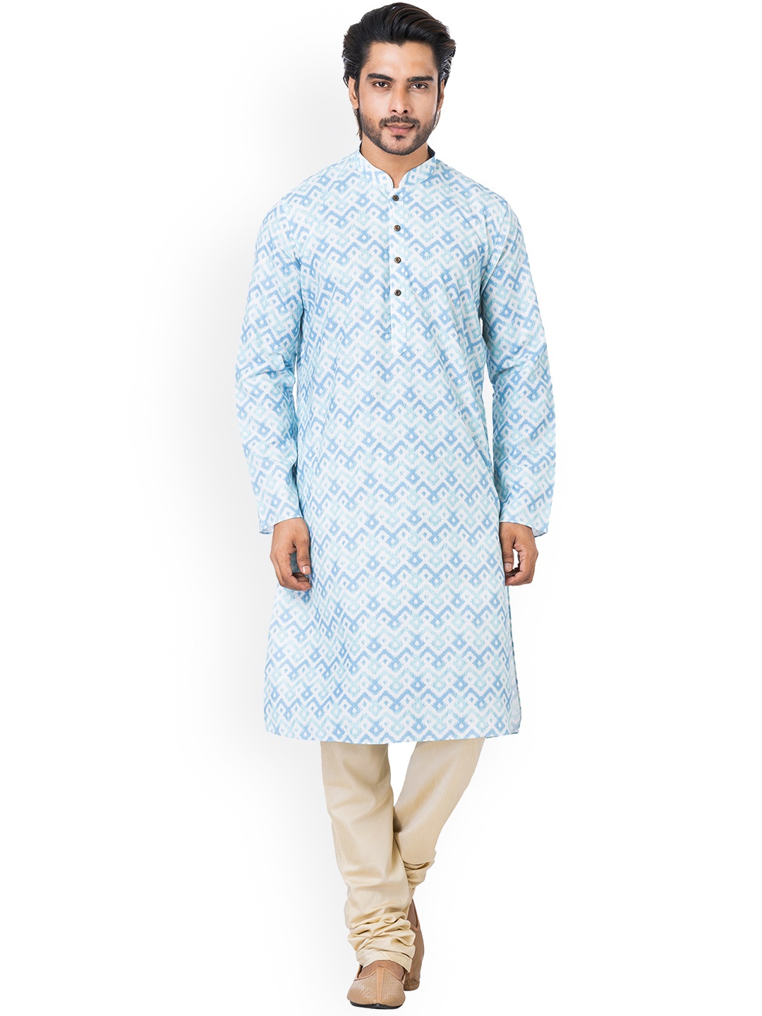 

HU - Handcrafted Uniquely Ethnic Motifs Printed Mandarin Collar Kurta, Blue