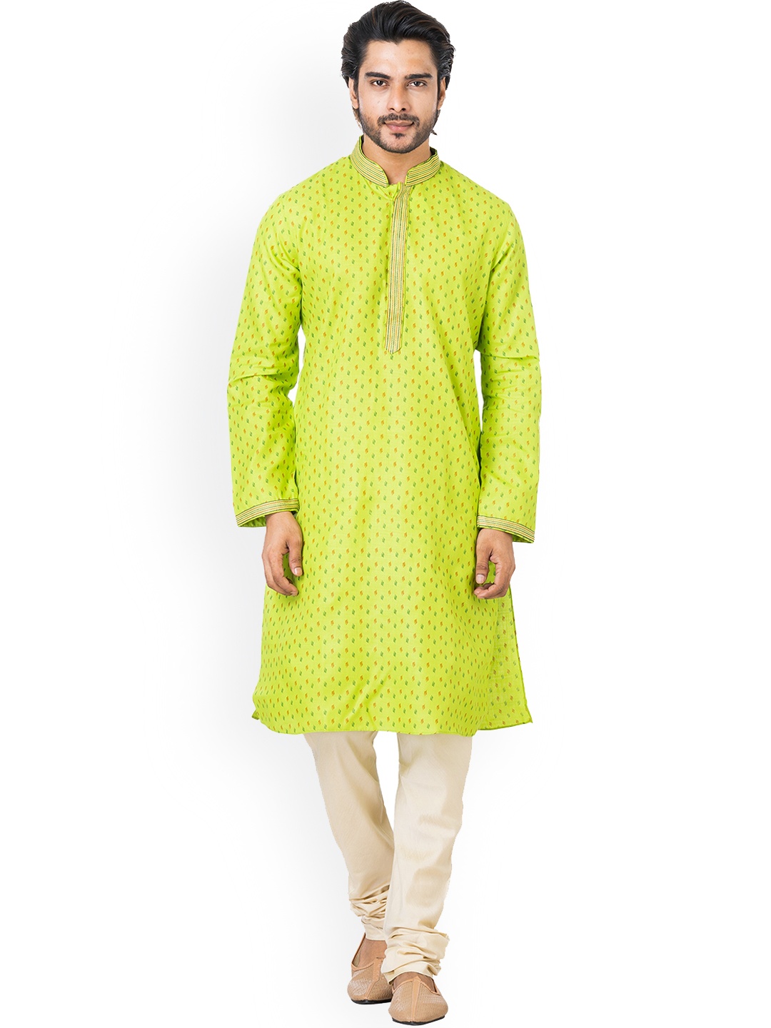

HU - Handcrafted Uniquely Floral Printed Mandarin Collar Cotton Straight Kurta, Fluorescent green