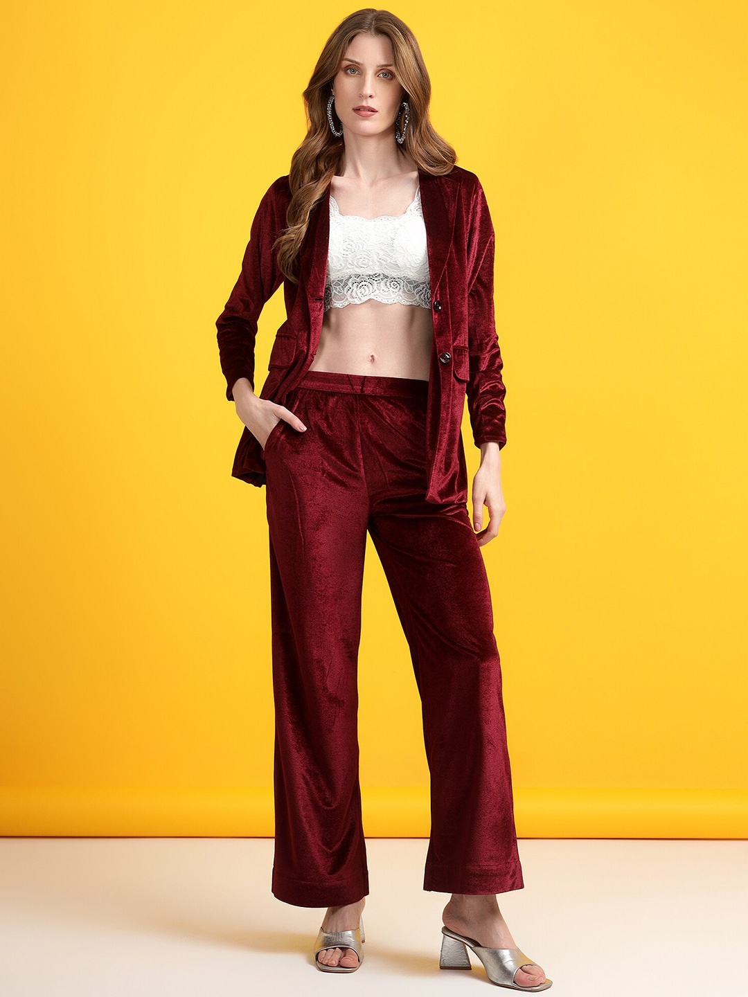 

Golden Kite 2 Piece Single-Breasted Velvet Blazer & Trouser Suits, Maroon