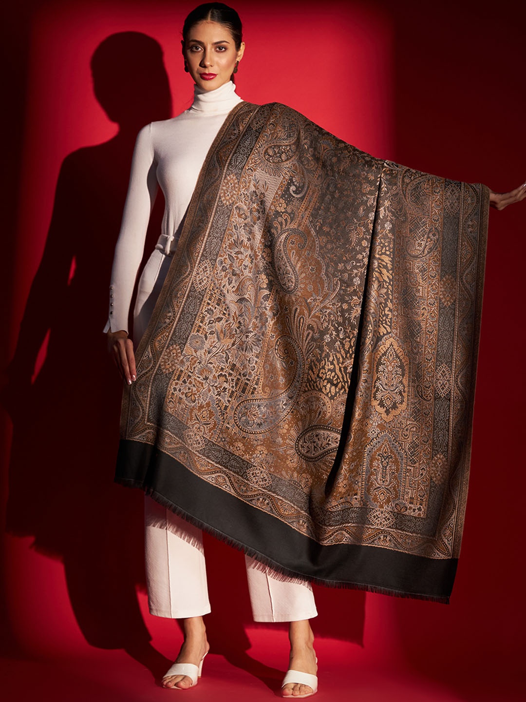 

Zamour Ethnic Motifs Woven Design Jamawar Shawl, Black