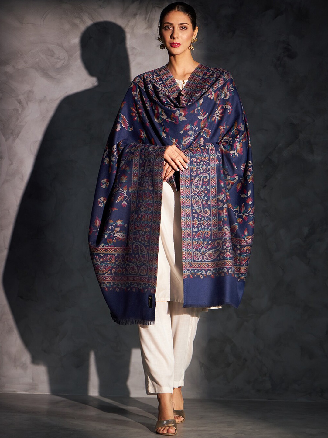 

Zamour Ethnic Motifs Woven Design Kani Shawl, Blue