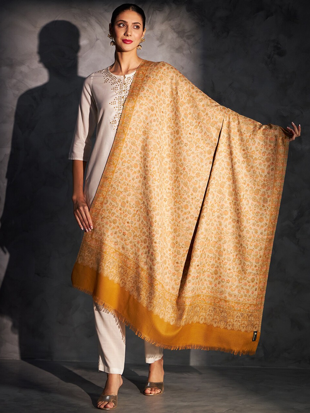 

Zamour Floral Printed Kani Shawl, Mustard