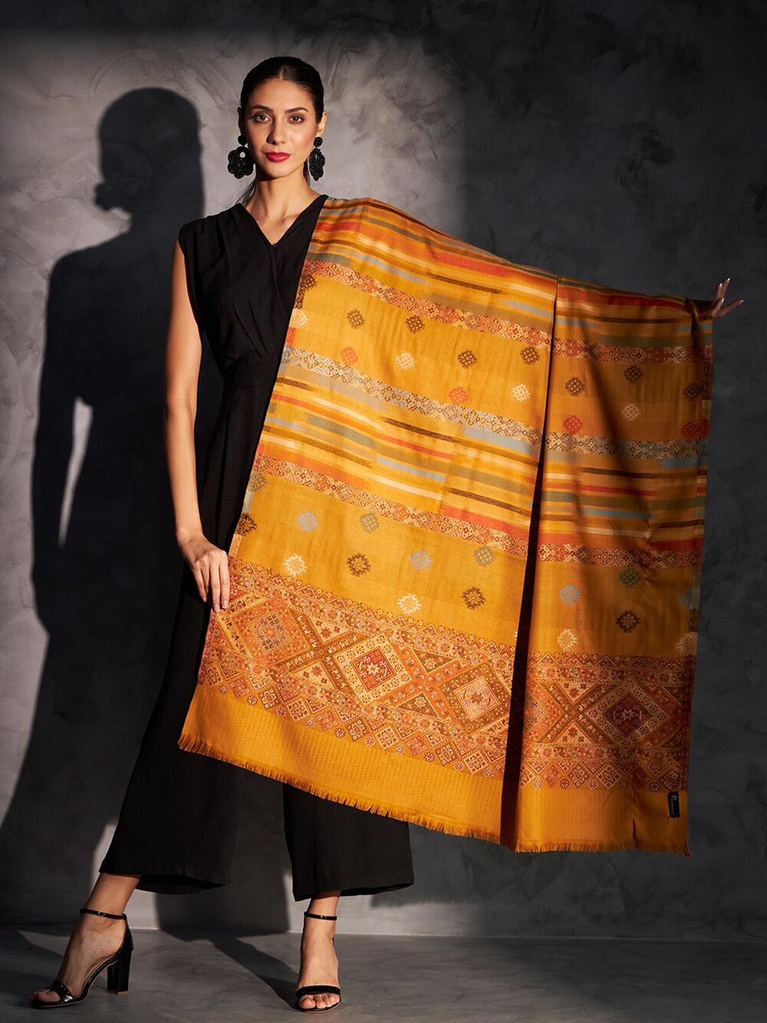 

Zamour Ethnic Motifs Printed Kullu Shawl, Mustard