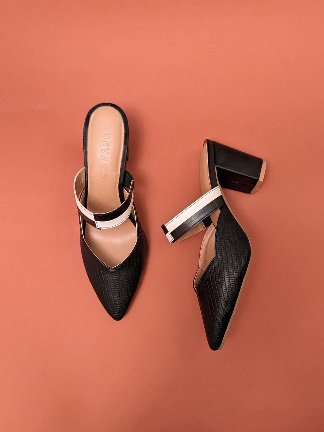

Devano Pointed Toe Textured Block Mules, Black