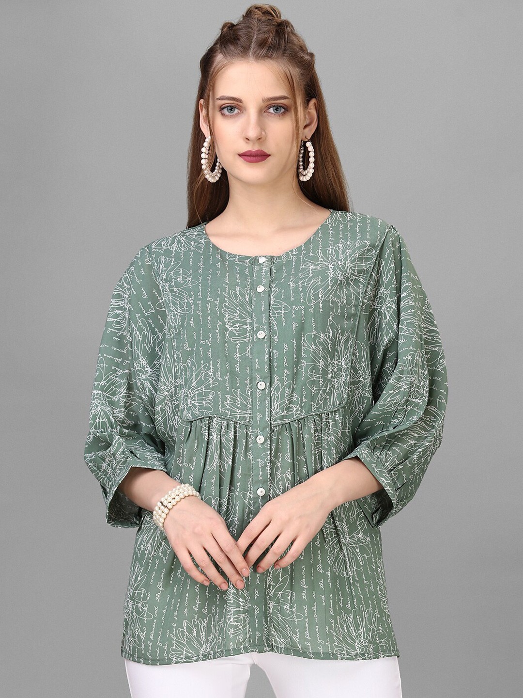 

HOUSE OF MIRA Typography Printed Cuffed Sleeves Regular Top, Green
