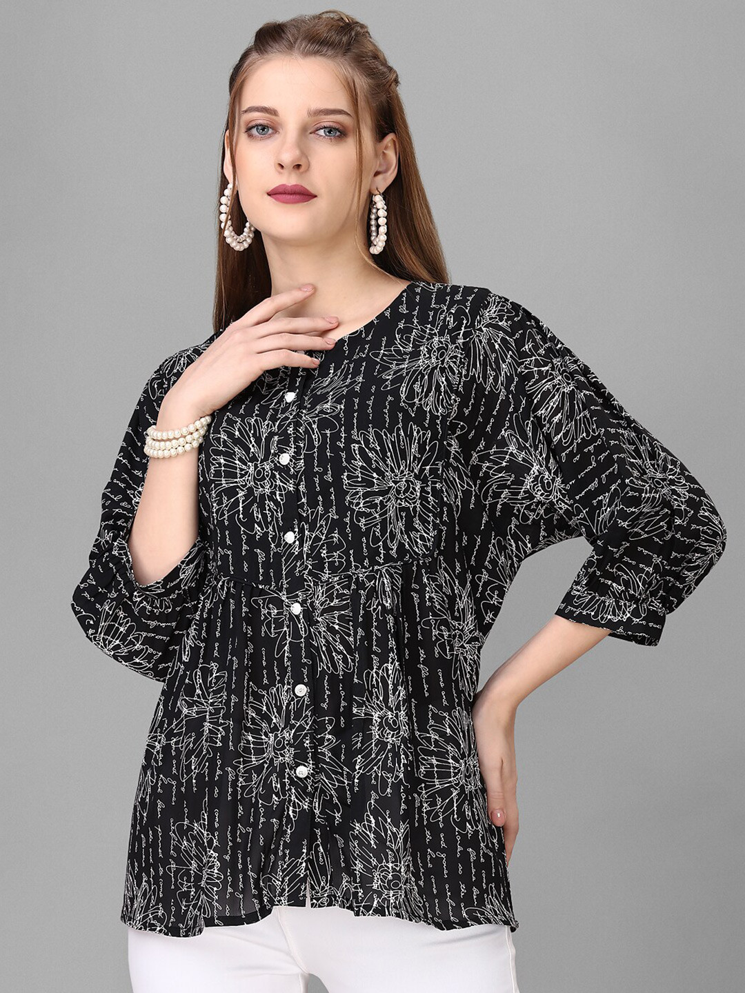 

HOUSE OF MIRA Typography Printed Cuffed Sleeves Regular Top, Black