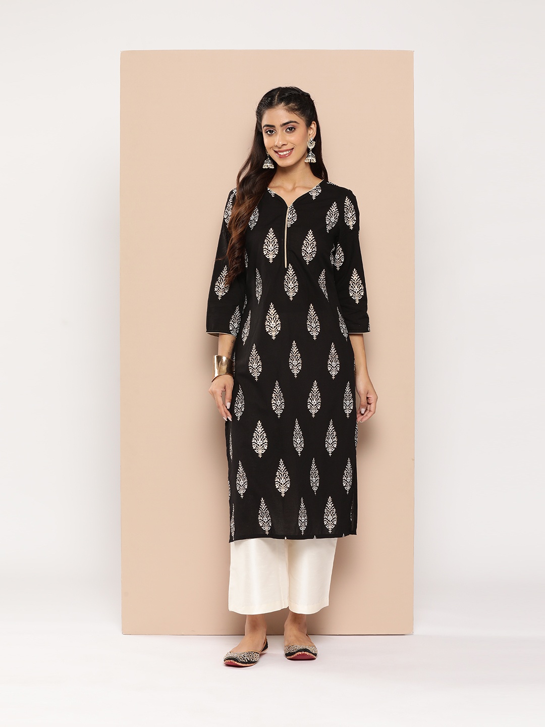 

HERE&NOW Women Ethnic Motifs Printed Block Print Kurta, Black