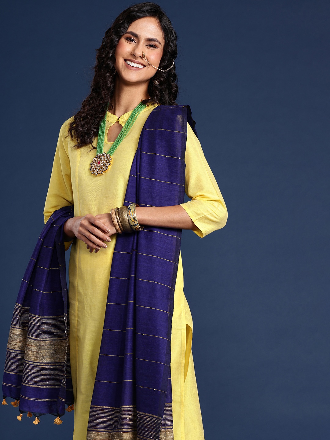 

Taavi Striped Cotton Dupatta with Sequinned Details, Navy blue