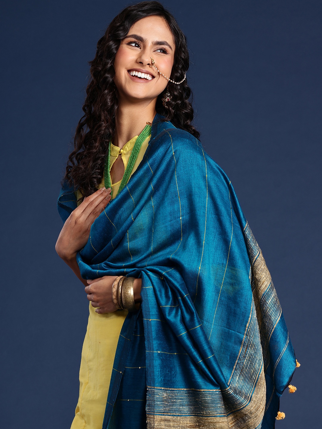 

Taavi Striped Dupatta with Sequinned Details, Blue