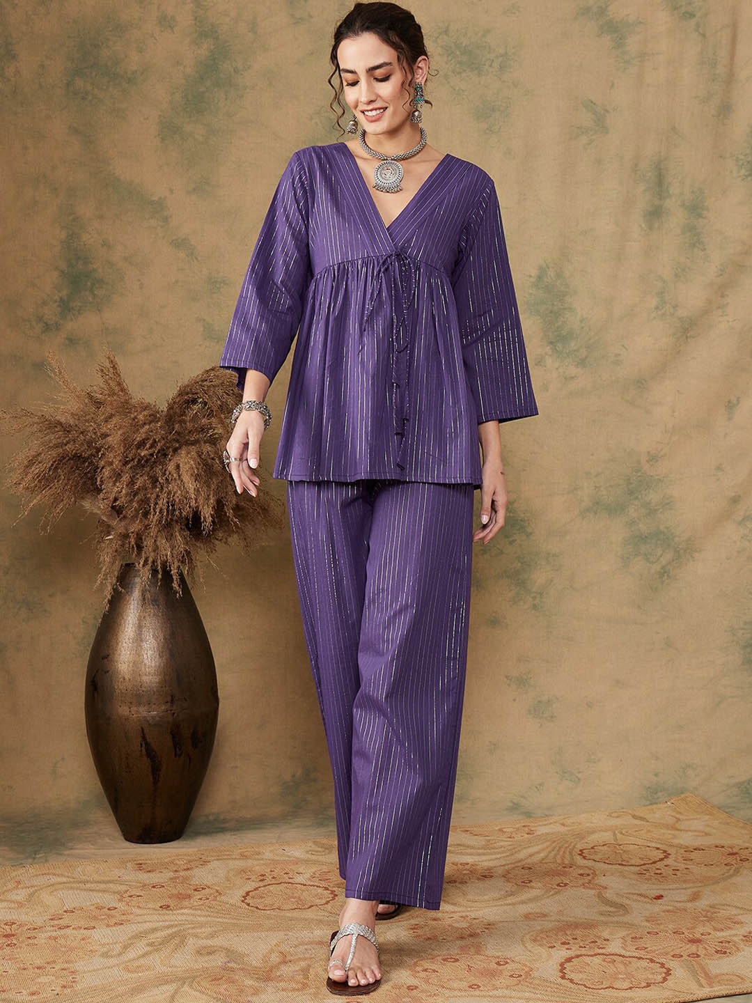 

InWeave Striped V-Neck Three-Quarter Sleeves Pure Cotton A-Line Kurti & Plazzos, Purple