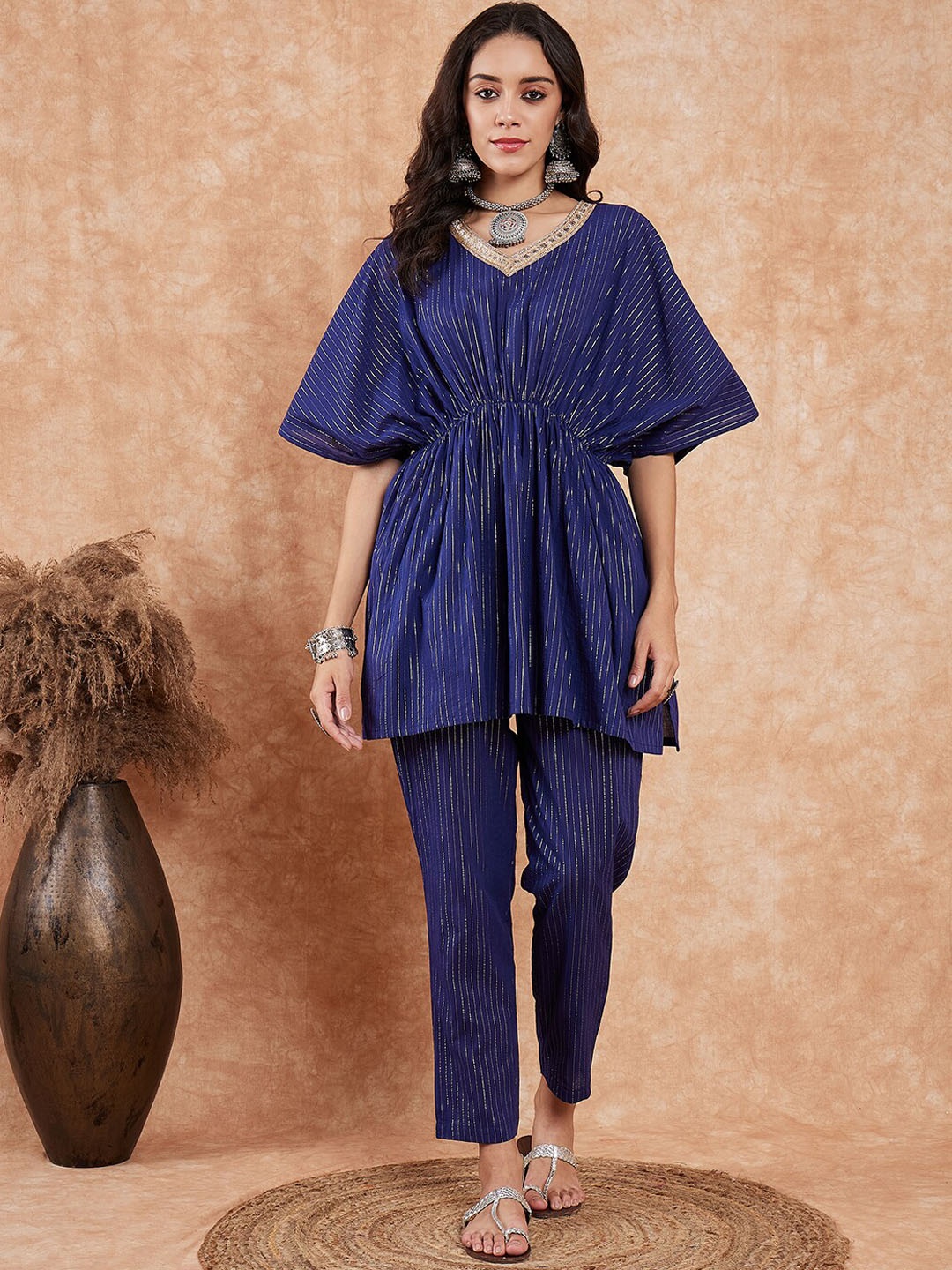 

InWeave Striped V-Neck Flared Sleeves A-Line Kurti With Trousers, Blue