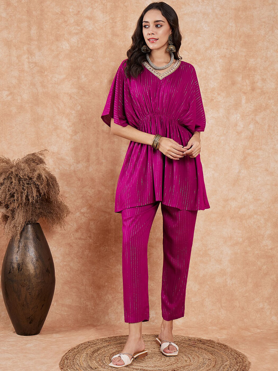 

InWeave Striped V-Neck Flared Sleeves A-Line Kurti With Trousers, Magenta