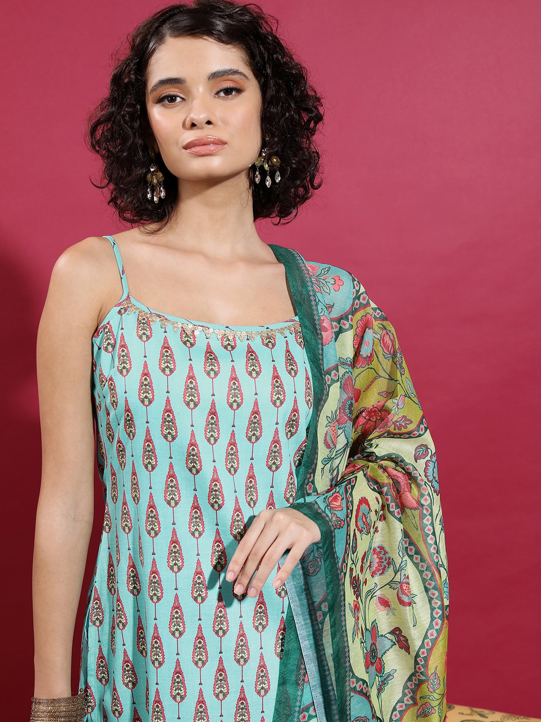 

Vishudh Ethnic Motifs Printed Shoulder Straps Straight Kurta & Palazzos With Dupatta, Turquoise blue