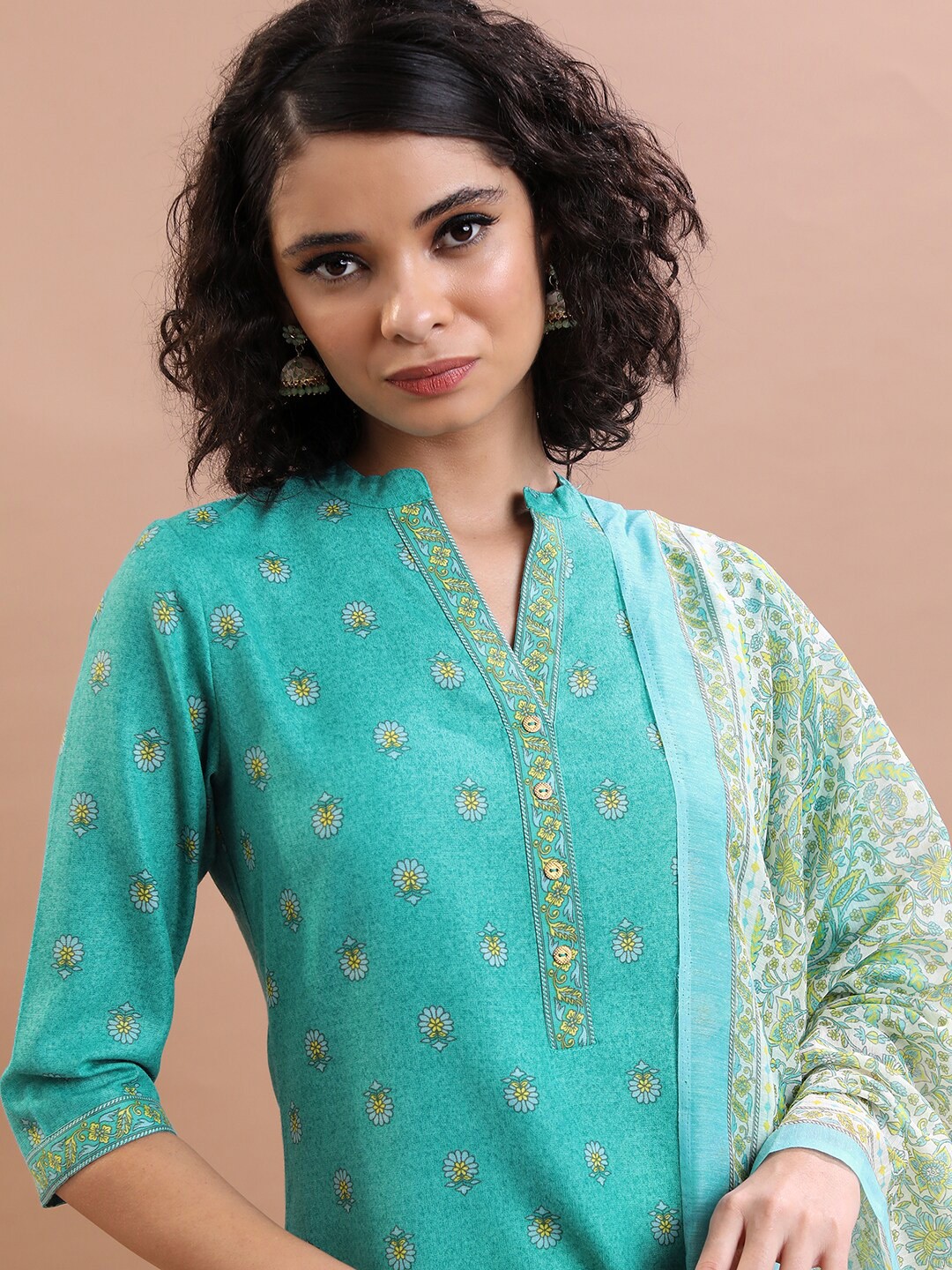 

Vishudh Turquoise Blue Ethnic Motifs Printed Regular Kurta With Palazzos & Dupatta