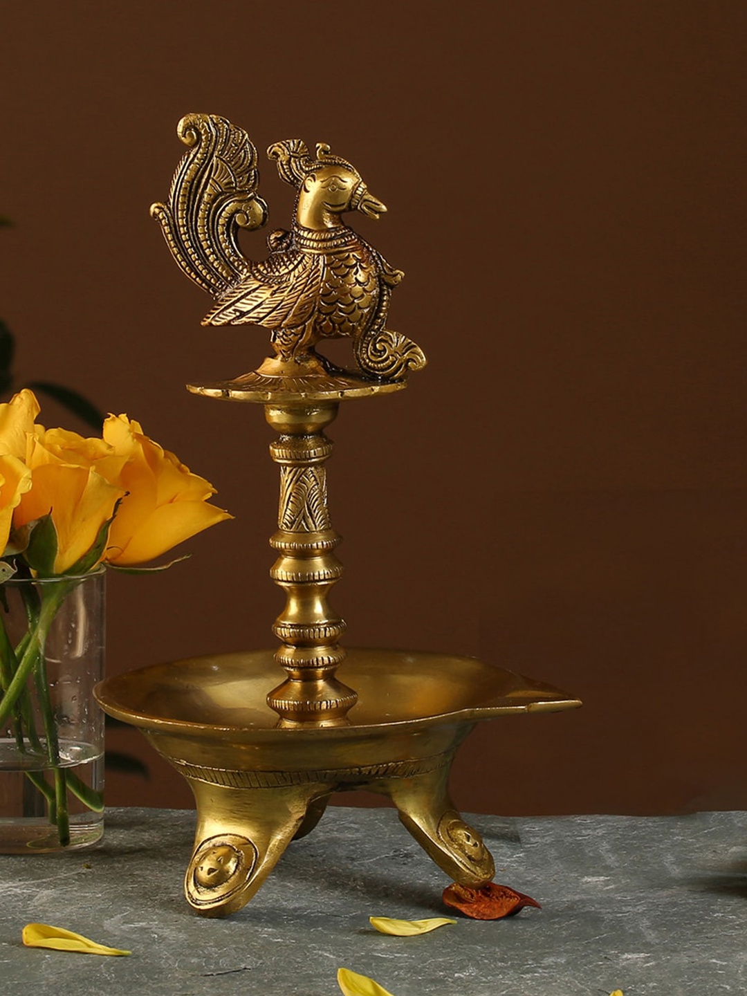 

Two Moustaches Peacock Design Oil Diya with Base, Gold
