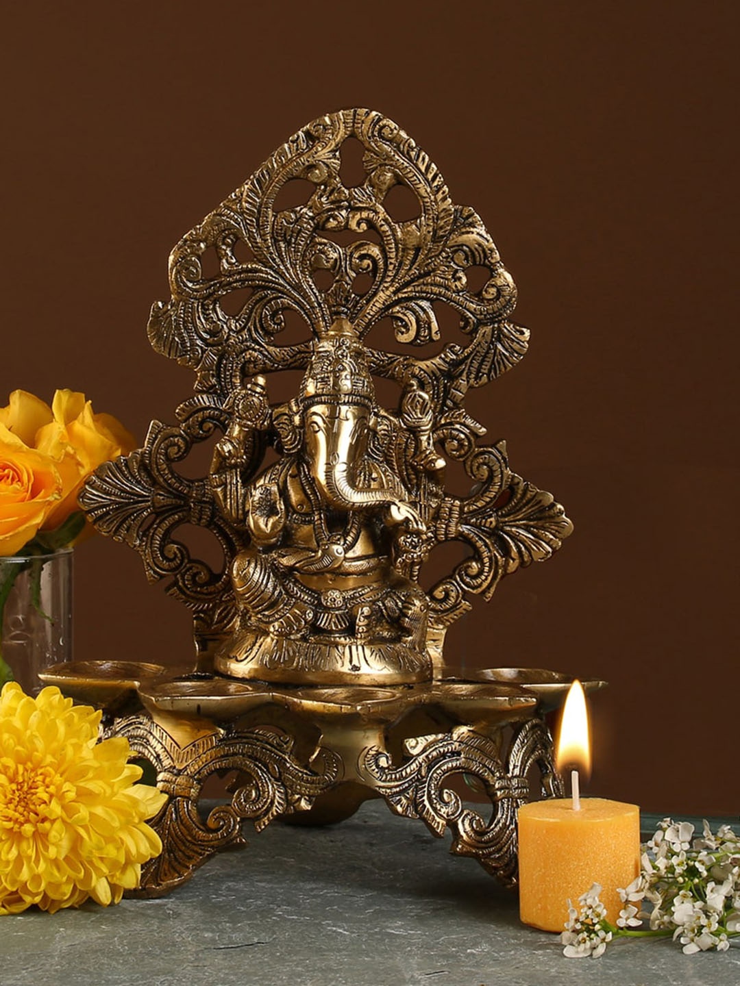 

Two Moustaches Brown Panchdeep Ganesha Carving Diya