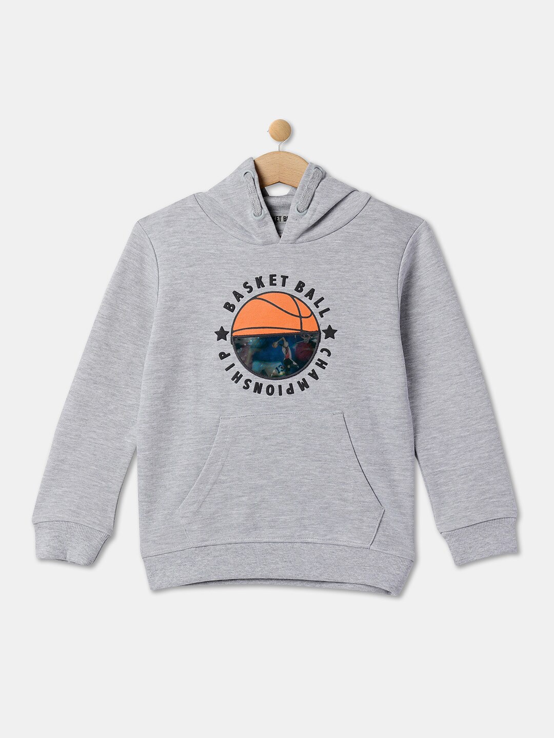 

R&B Boys Typography Printed Hooded Long Sleeves Cotton Pullover, Grey melange