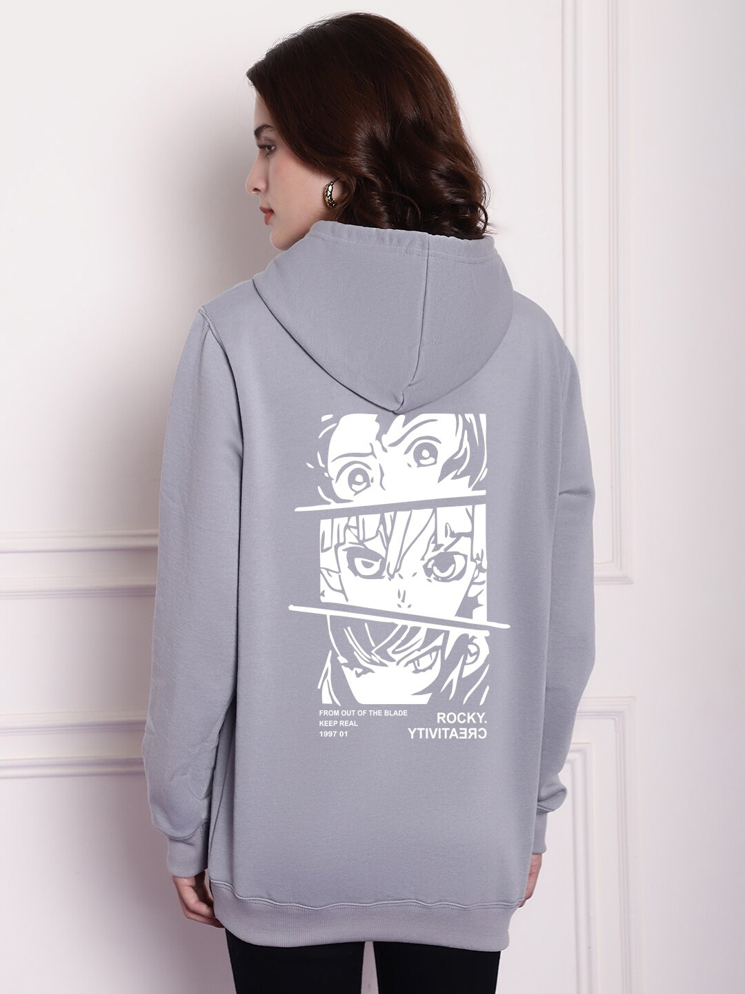 

Imsa Moda Women Grey Printed Hooded Sweatshirt