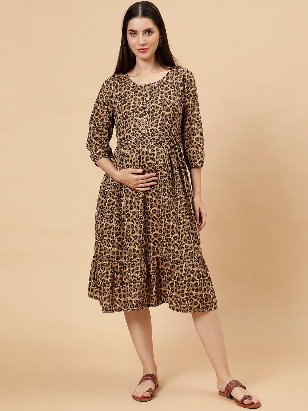 

Cot'N Soft Animal Printed Pure Cotton Fit & Flare Maternity Dress, Brown
