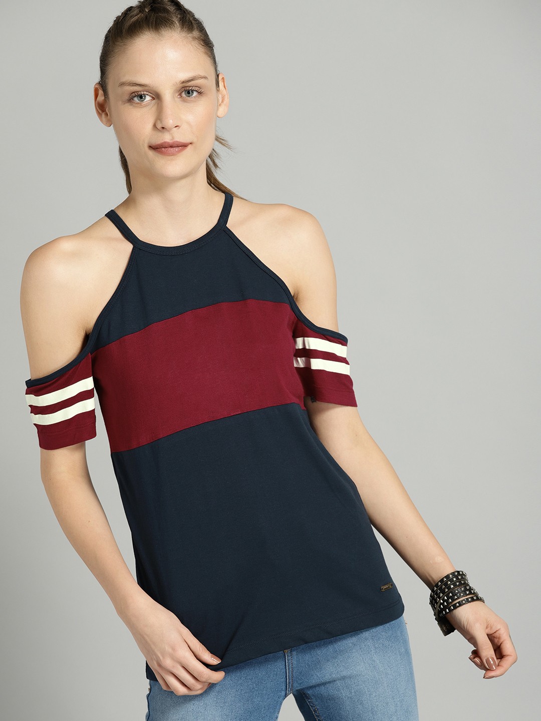 

Roadster Women Navy Blue & Maroon Colourblocked Top