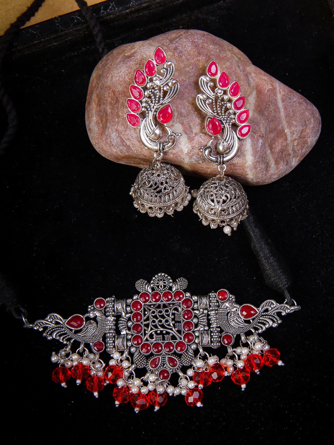 

Rang Gali Oxidised German Silver Crystals Studded Jewellery Set