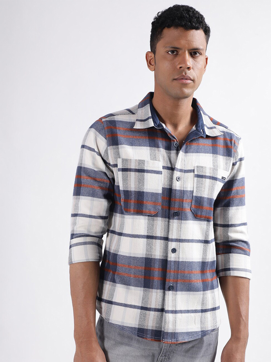 

LINDBERGH Checked Spread Collar Casual Shirt, White