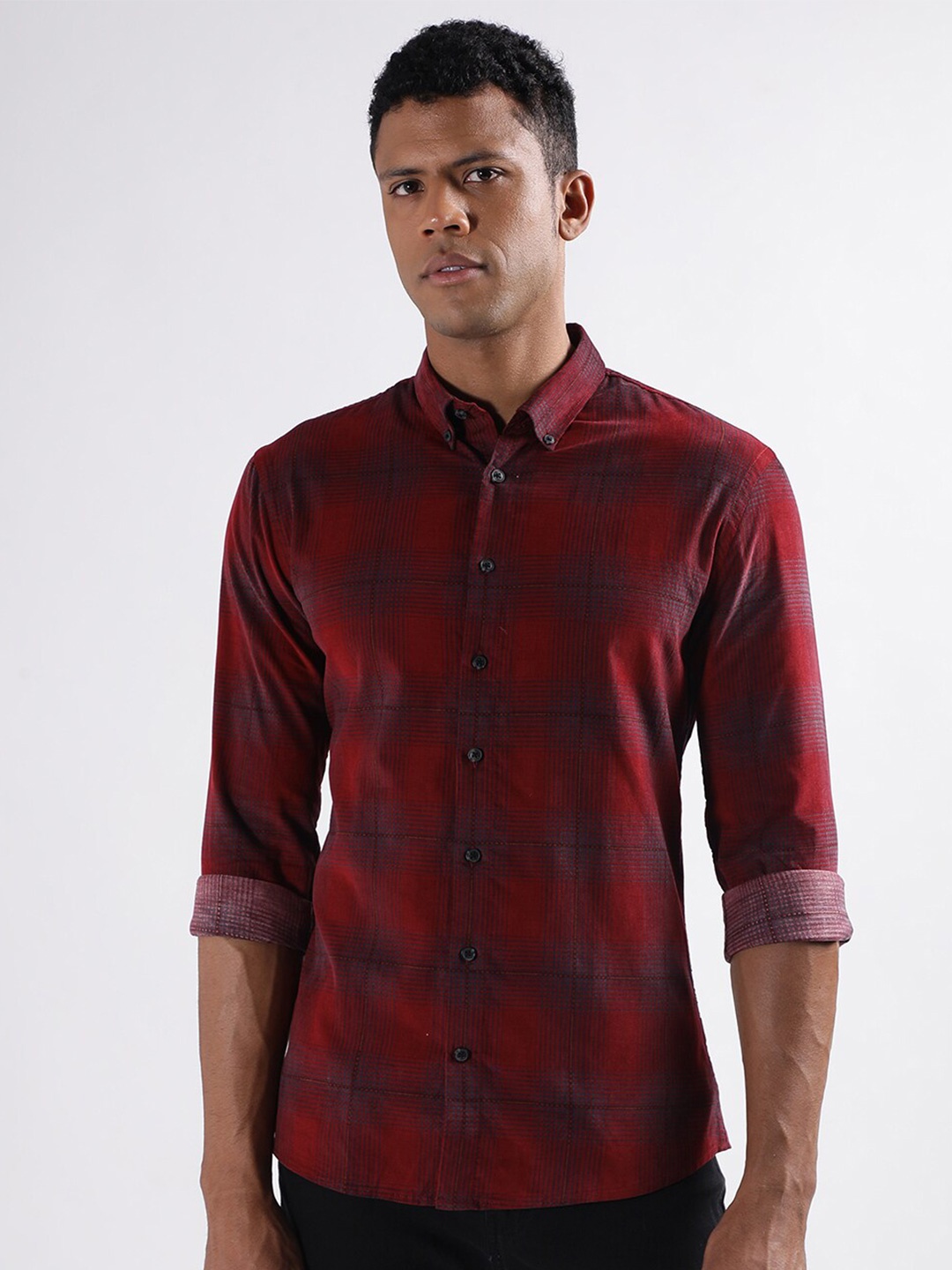 

LINDBERGH Slim Fit Checked Button-Down Collar Casual Pure Cotton Shirt, Burgundy