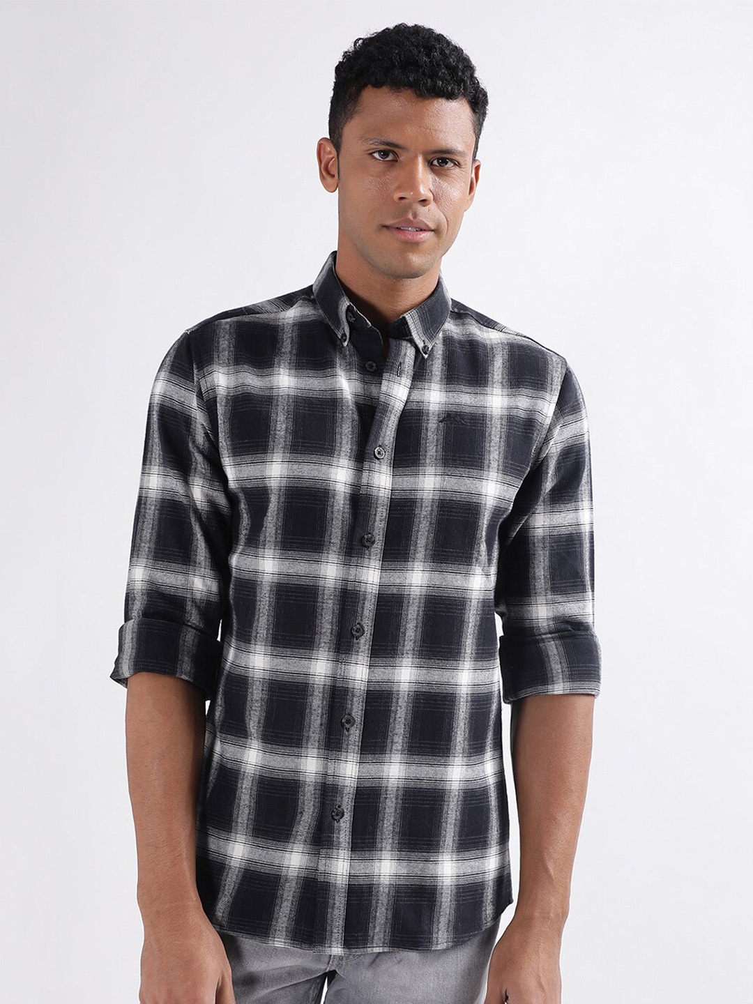 

LINDBERGH Checked Button-Down Collar Casual Pure Cotton Shirt, Black