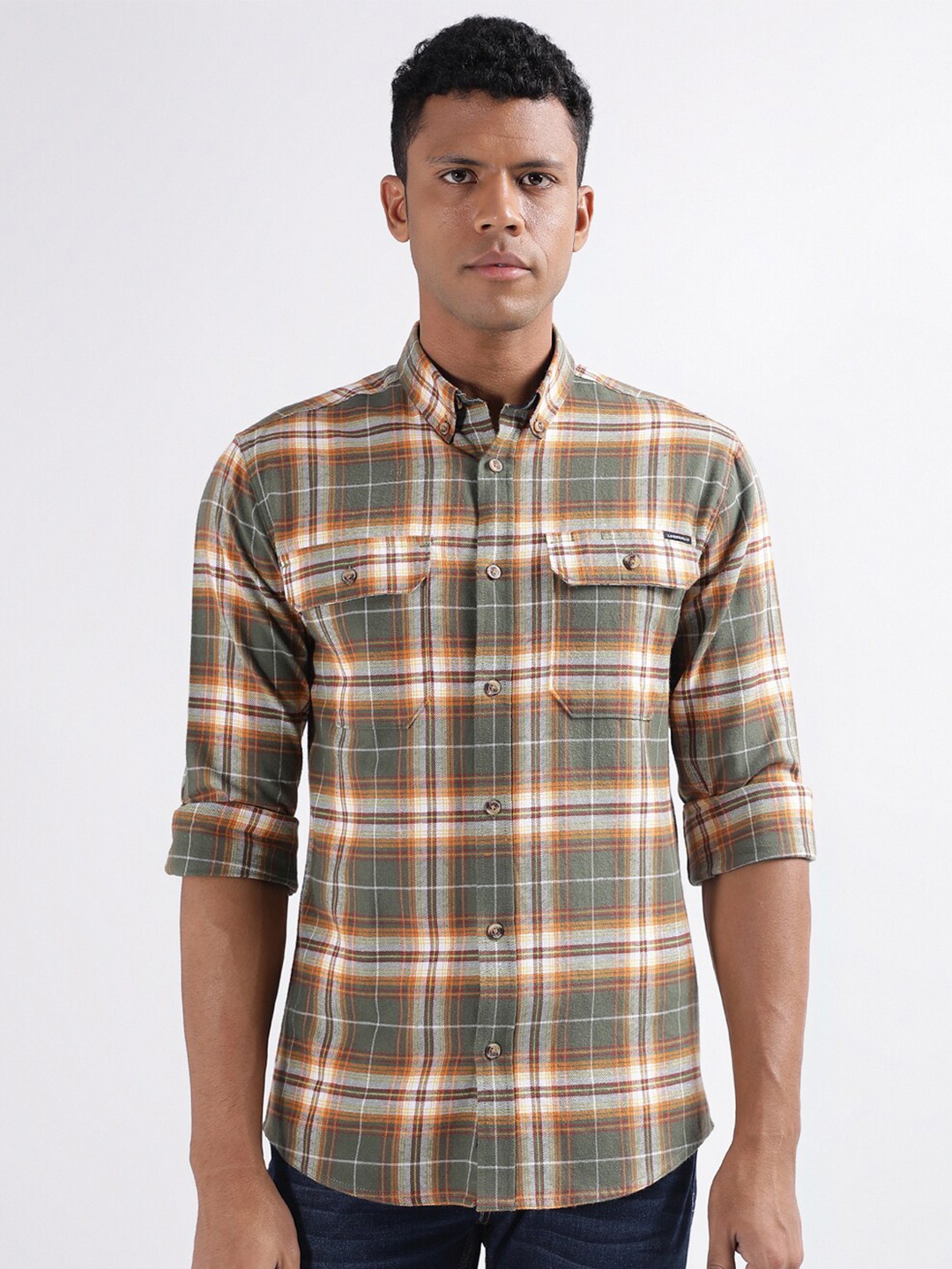 

LINDBERGH Tartan Checked Button-Down Collar Casual Pure Cotton Shirt, Olive