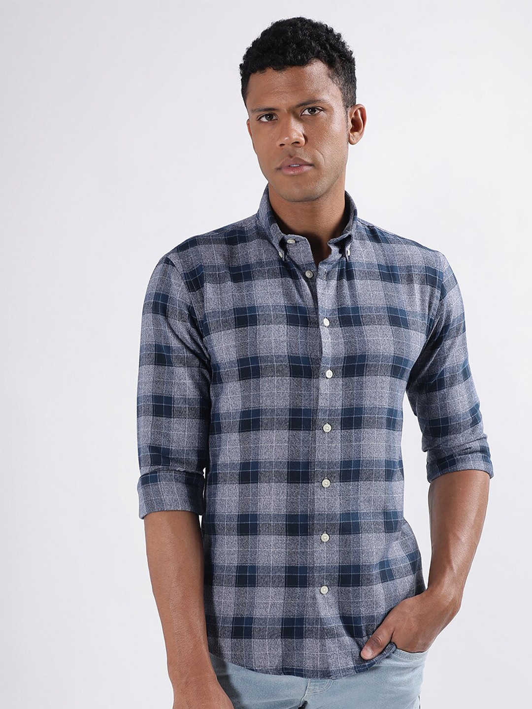 

LINDBERGH Slim Fit Tartan Checked Button-Down Collar Casual Shirt, Blue