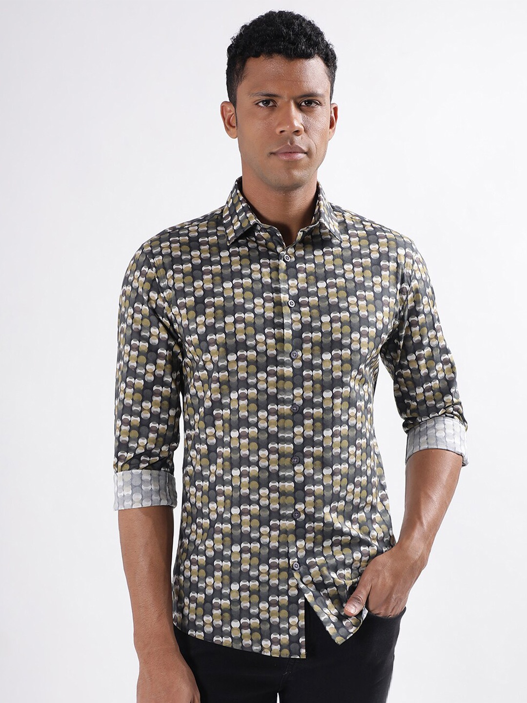 

LINDBERGH Slim Fit Opaque Printed Cotton Casual Shirt, Black