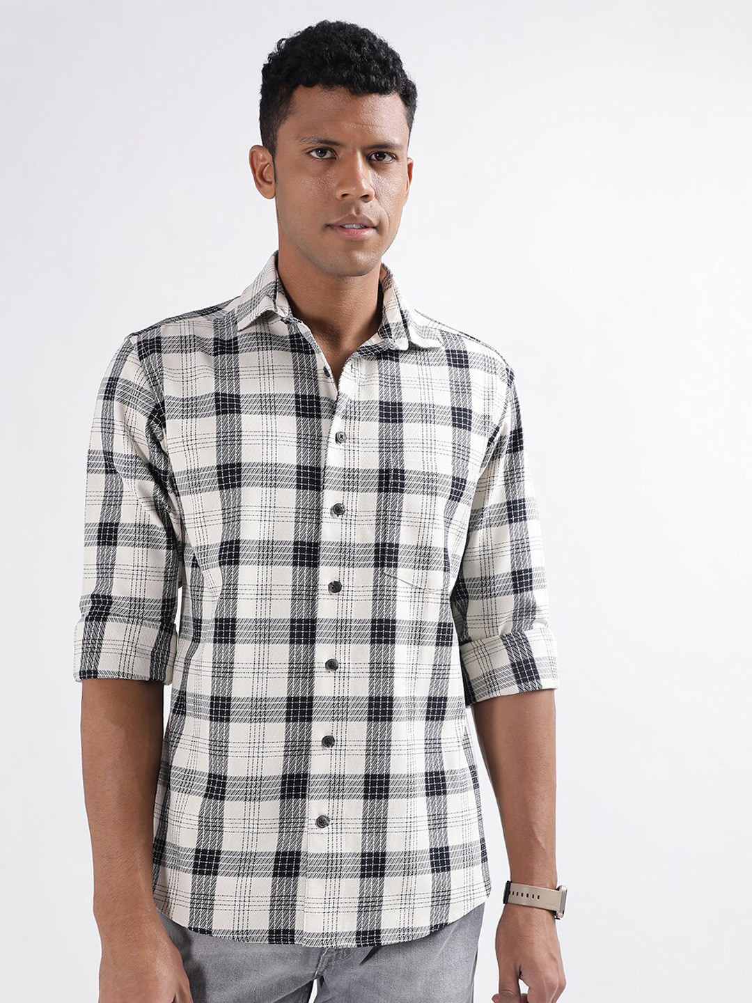 

LINDBERGH Tartan Checked Twill Casual Pure Cotton Shirt, Off white