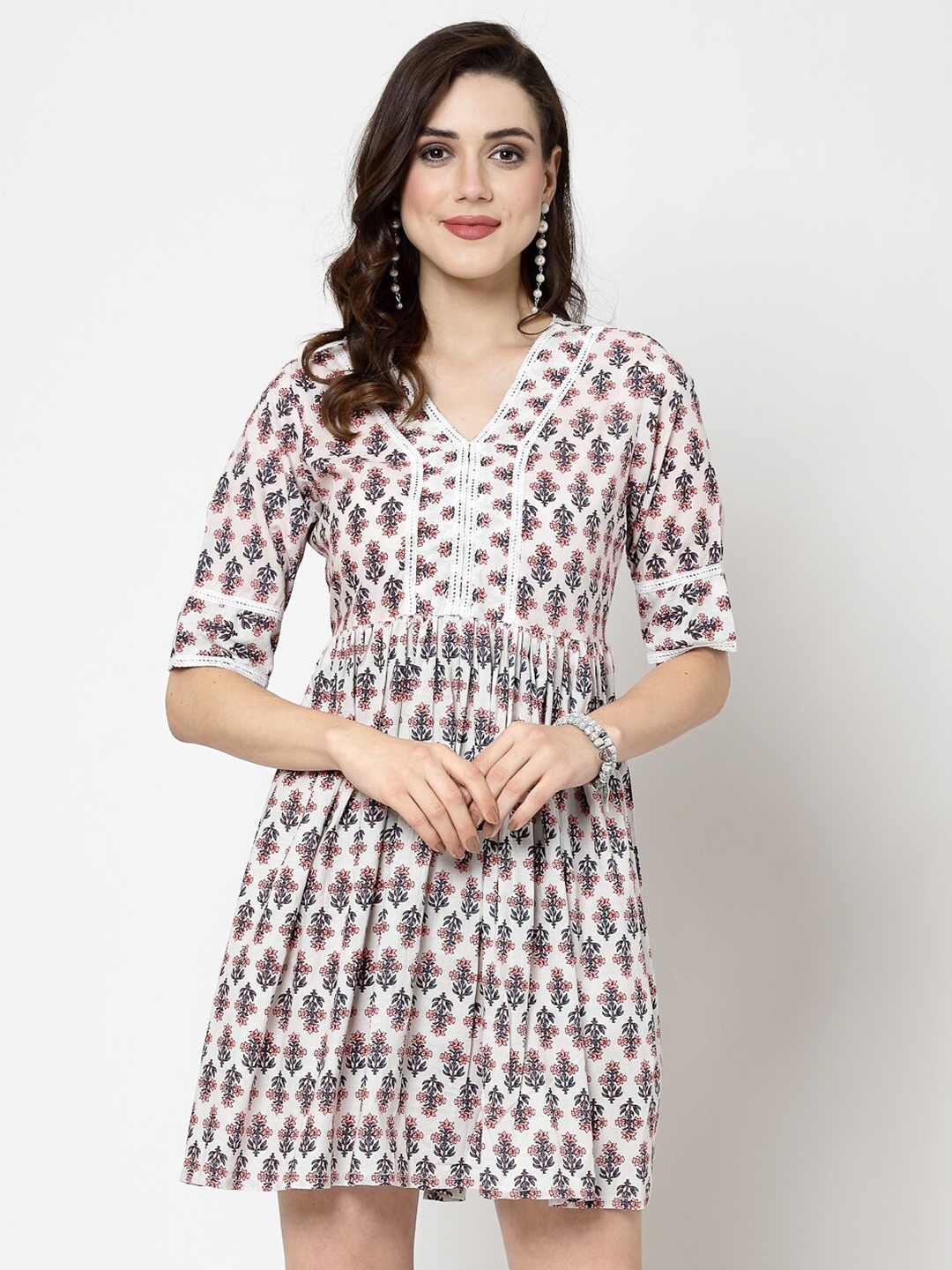 

SkyaSia Floral Printed V-Neck Fit & Flare Dress, White