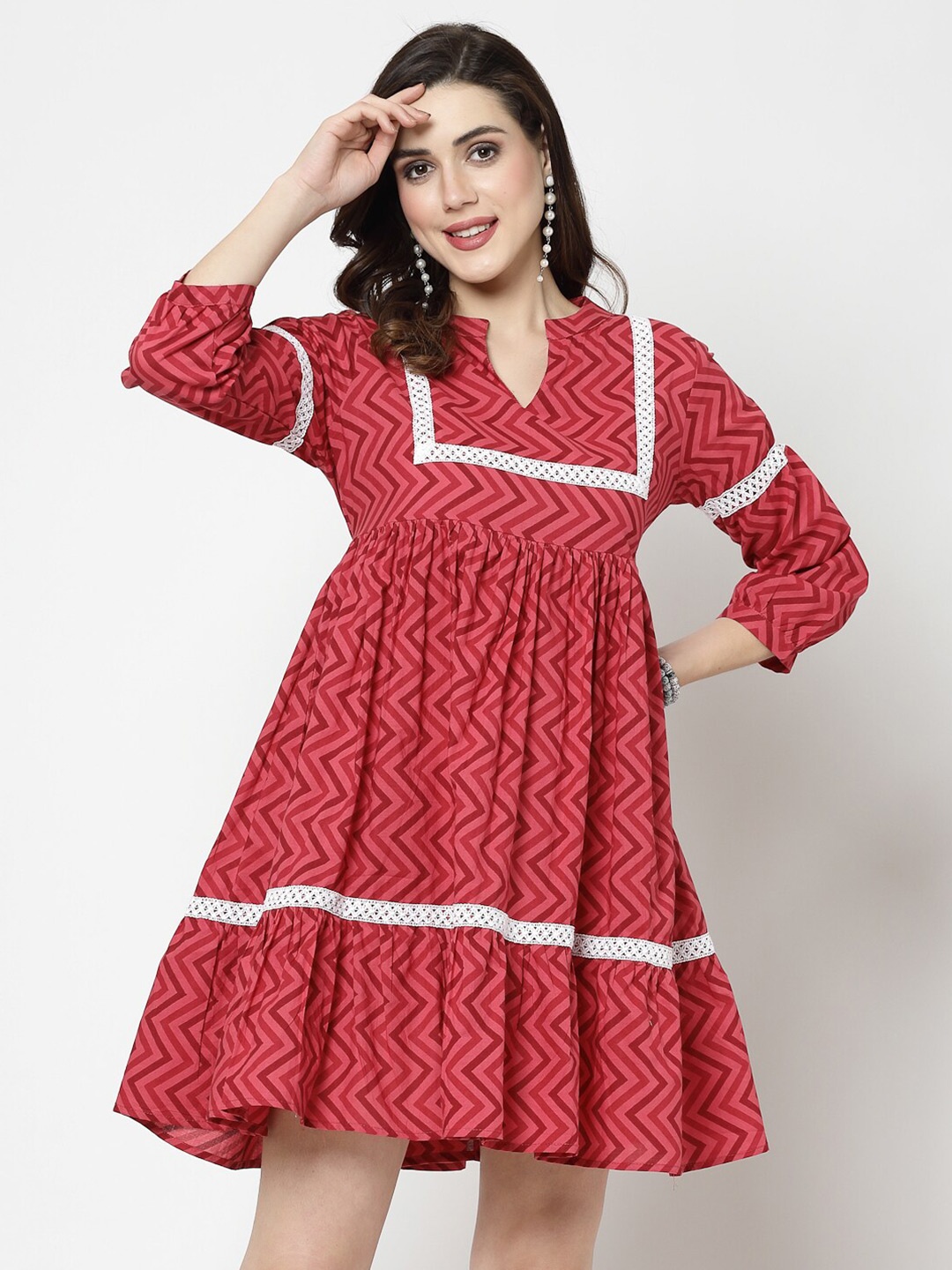 

SkyaSia Chevron Printed Puff Sleeve Fit and Flare Dress, Maroon