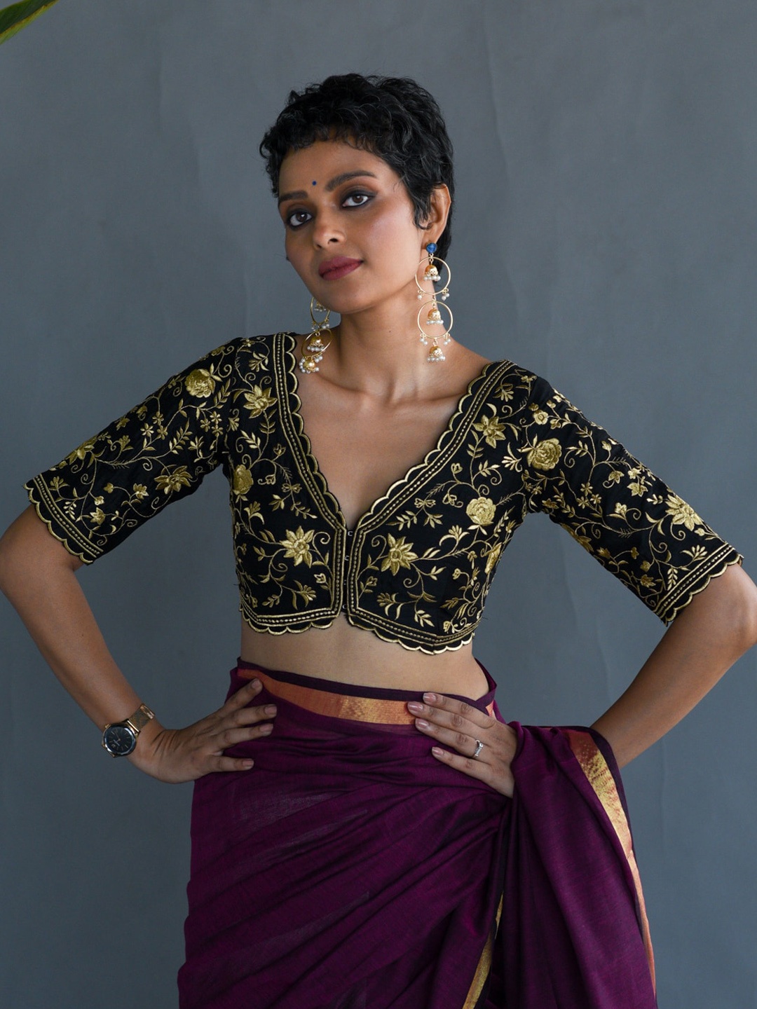 

Suta Floral Embroidered Saree Blouse, Black