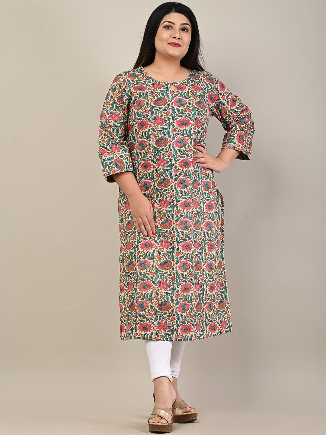 

Swasti Plus Size Floral Printed Round Neck Straight Kurta, Off white