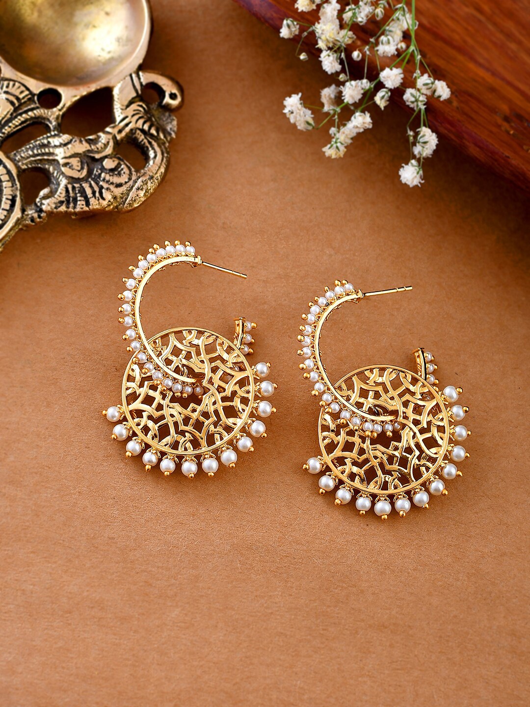 

Voylla Nazakat Naaz Gold-Plated Pearl Studded Contemporary Statement Drop Earrings