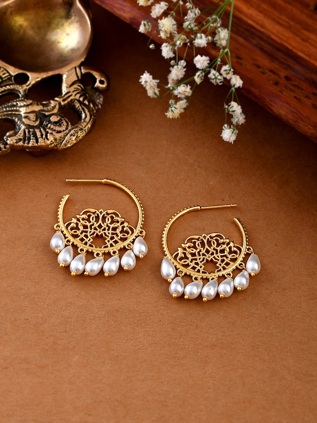 

Voylla Gold-Plated Pearl Beaded Contemporary Half Hoop Earrings