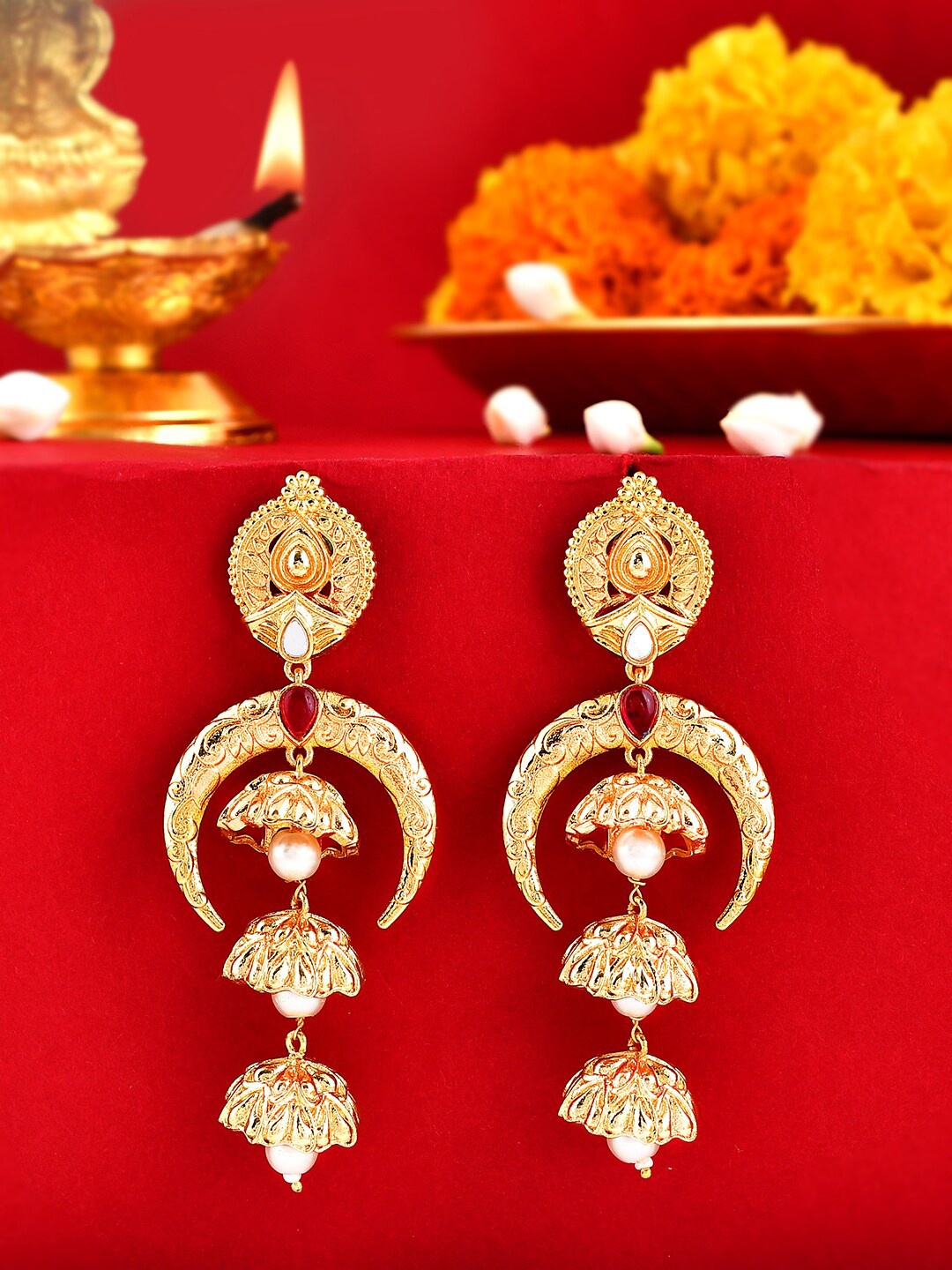 

Voylla Aradhana Nandini Gold-Plated Stone-Studded Contemporary Drop Earrings
