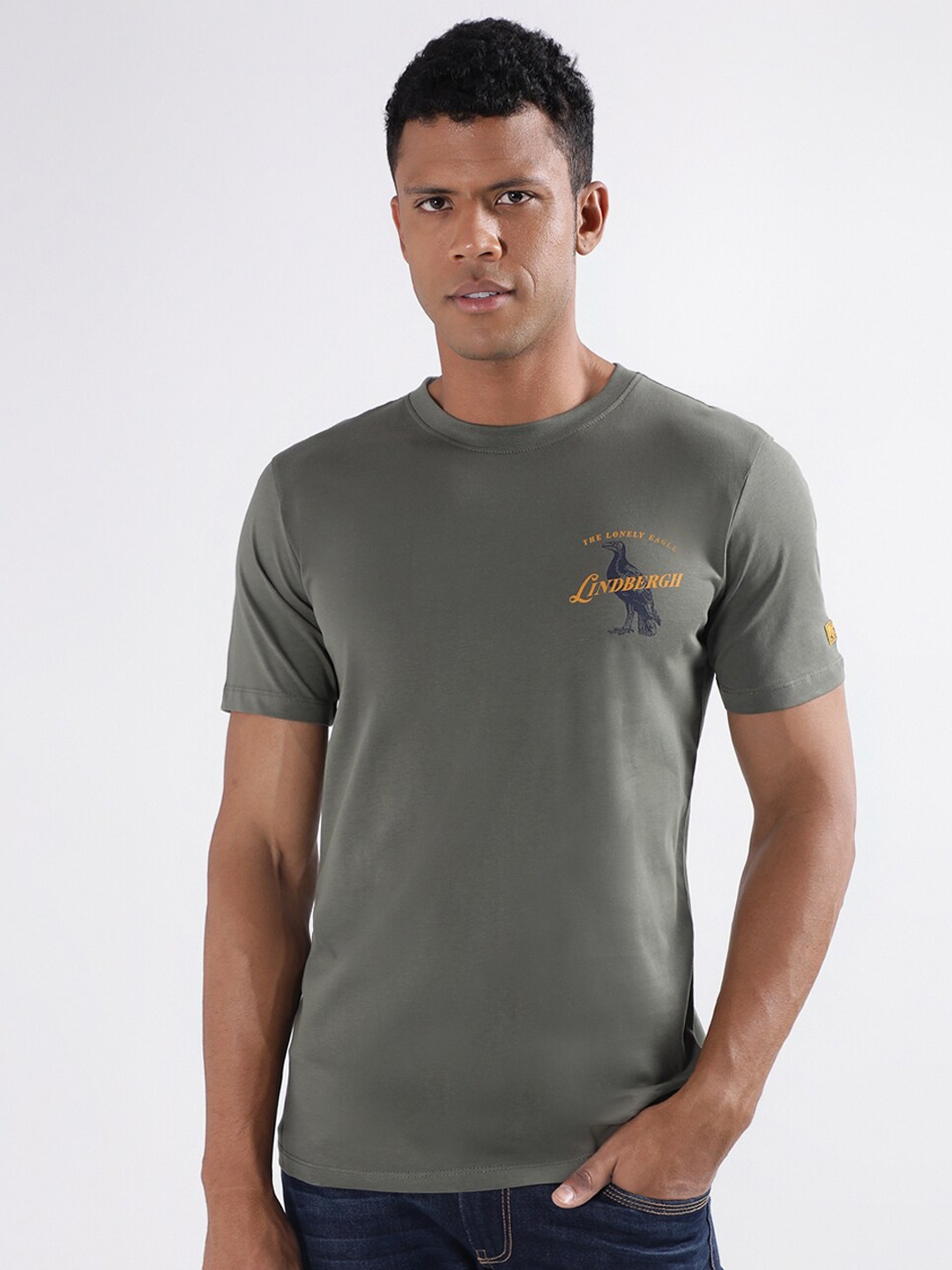 

LINDBERGH Brand Logo Printed Relaxed Fit Round Neck Pure Cotton T-shirt, Olive