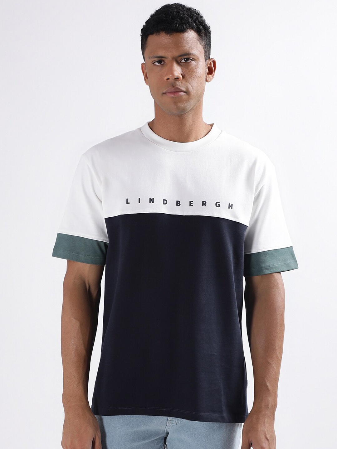

LINDBERGH Colourblocked Round Neck Cotton T-shirt, White