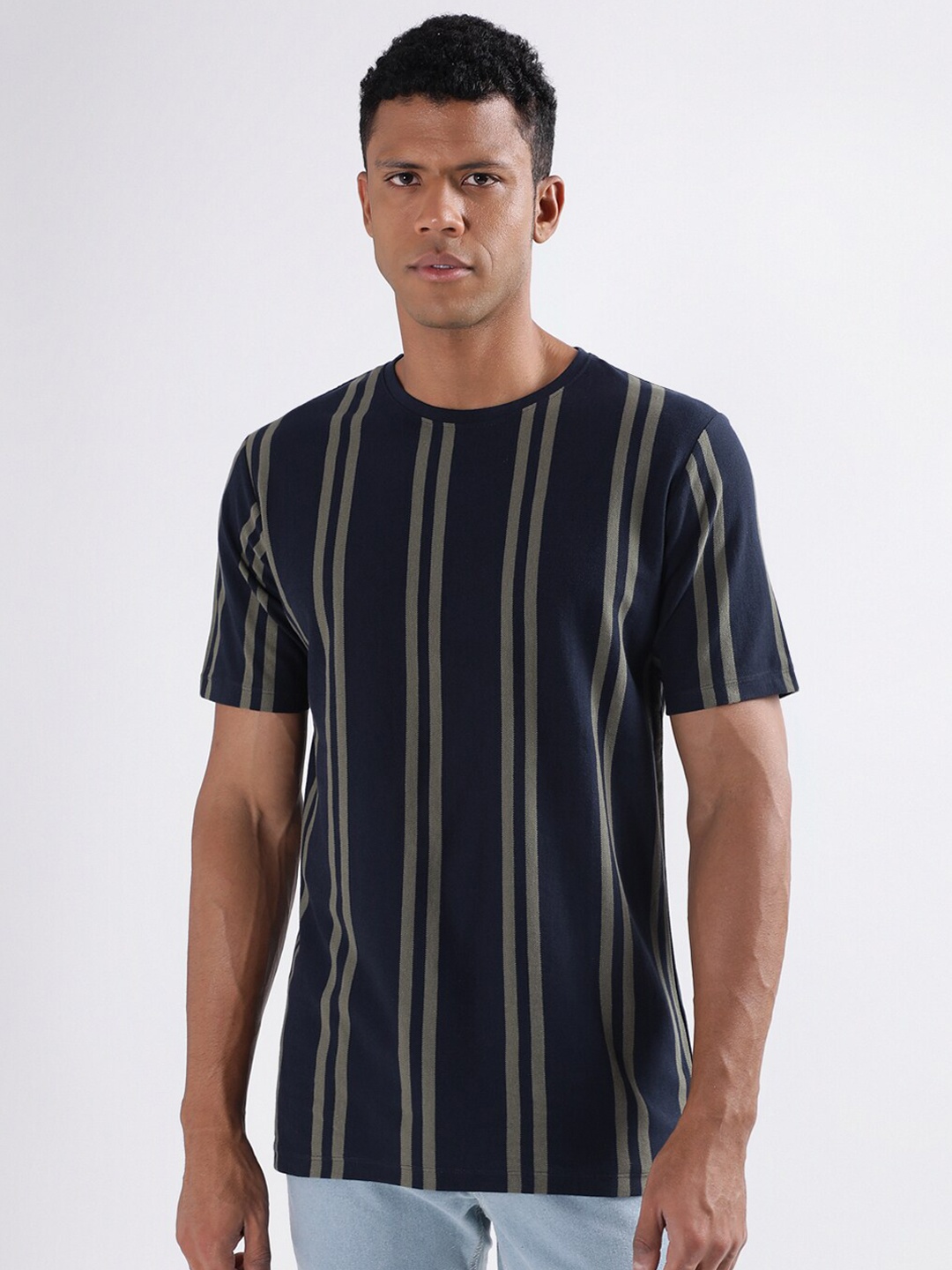 

LINDBERGH Striped Round Neck Cotton T-shirt, Navy blue