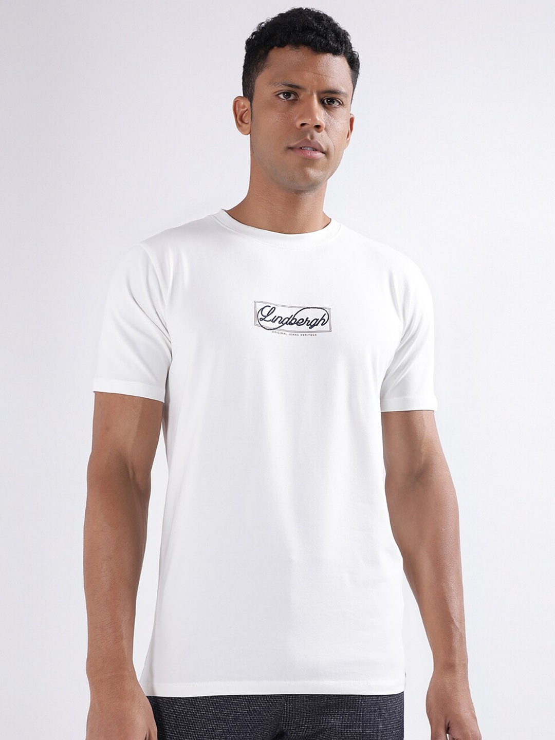 LINDBERGH Brand Logo Printed Relaxed Fit Round Neck T-shirt, White