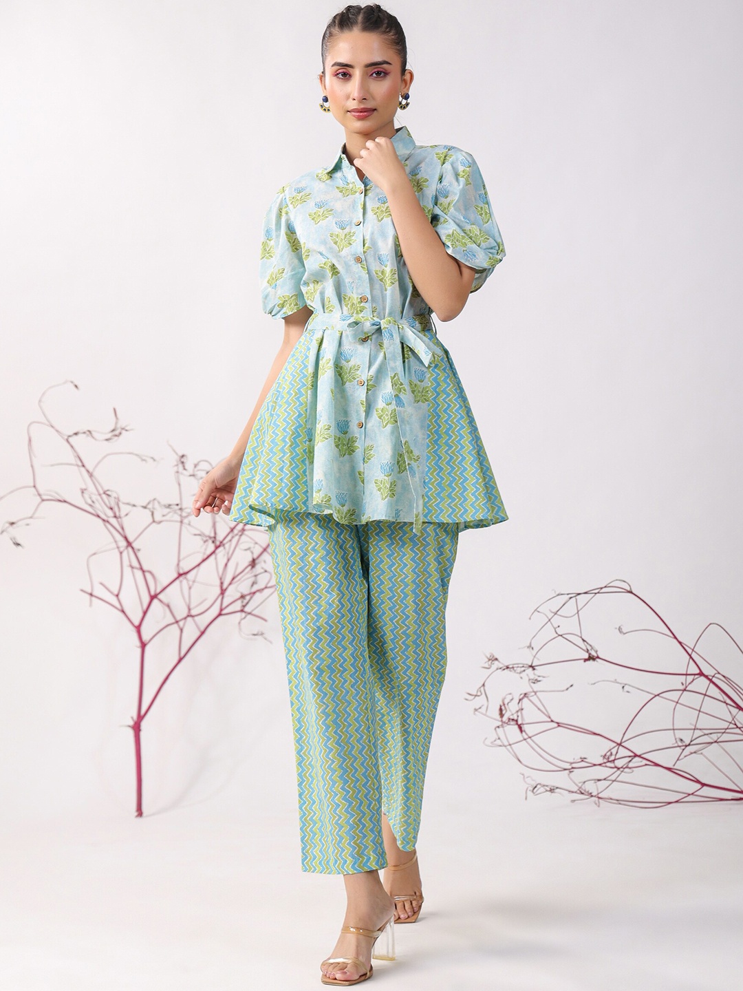 

JISORA Floral Printed Shirt Collar Tie Up Pure Cotton Tunic With Trouser, Blue