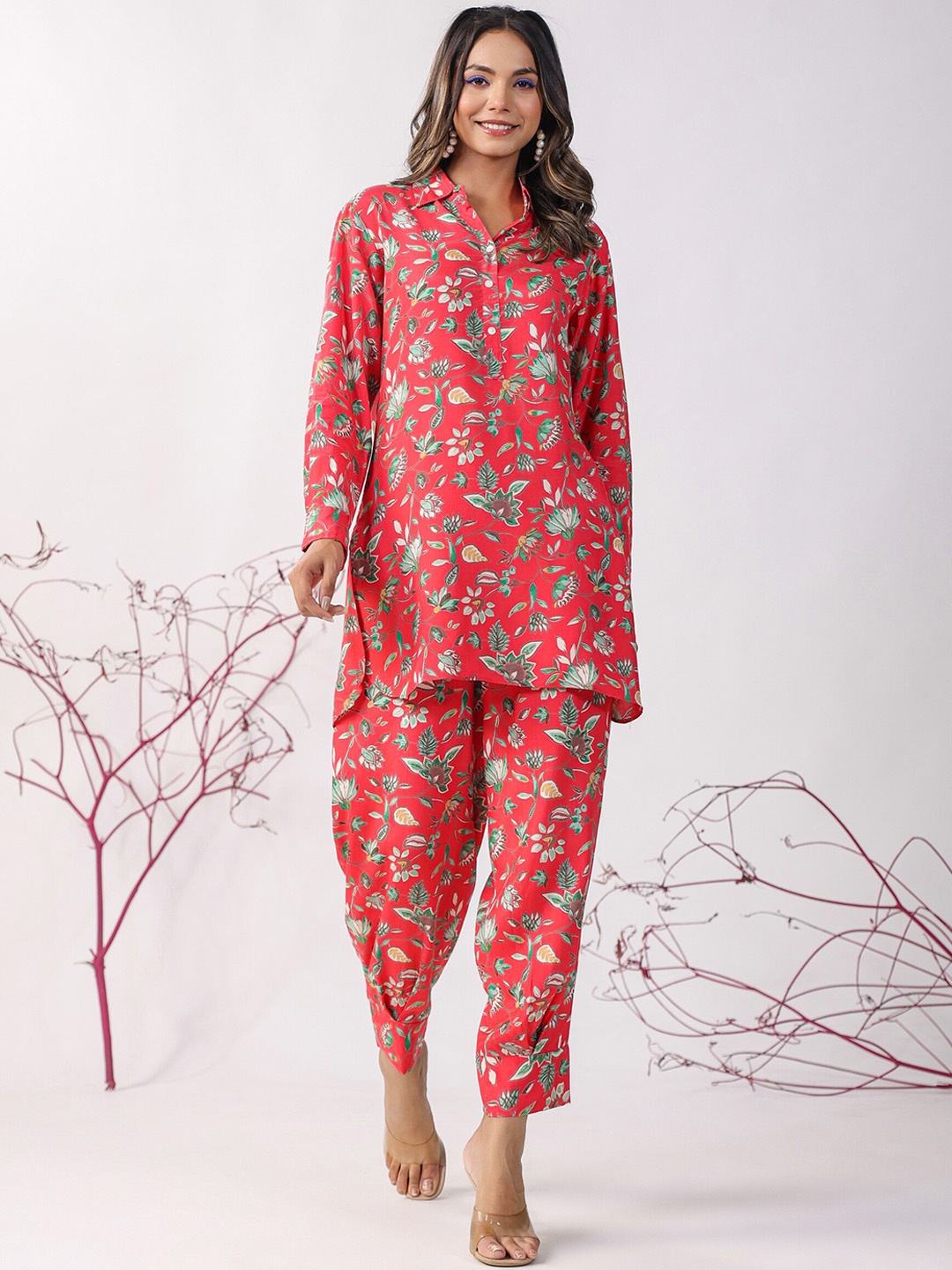 

JISORA Maroon & Green Floral Printed Top With Trousers