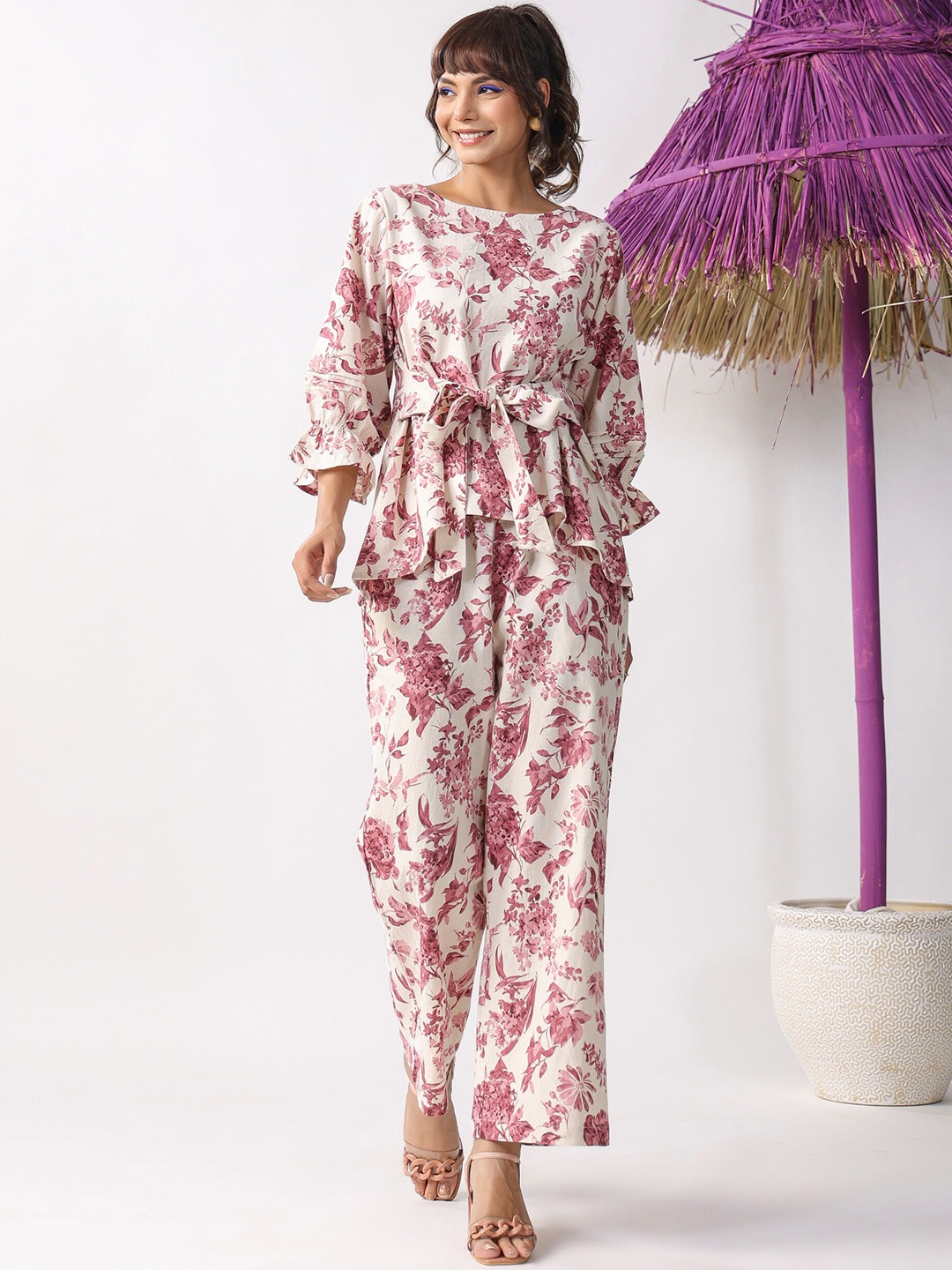 

JISORA White & Pink Floral Printed Cotton Top & Trousers