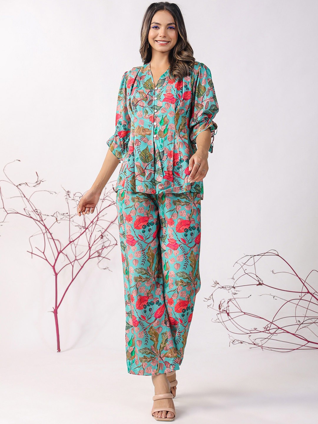 

JISORA Printed Pure Silk Top With Trousers, Blue