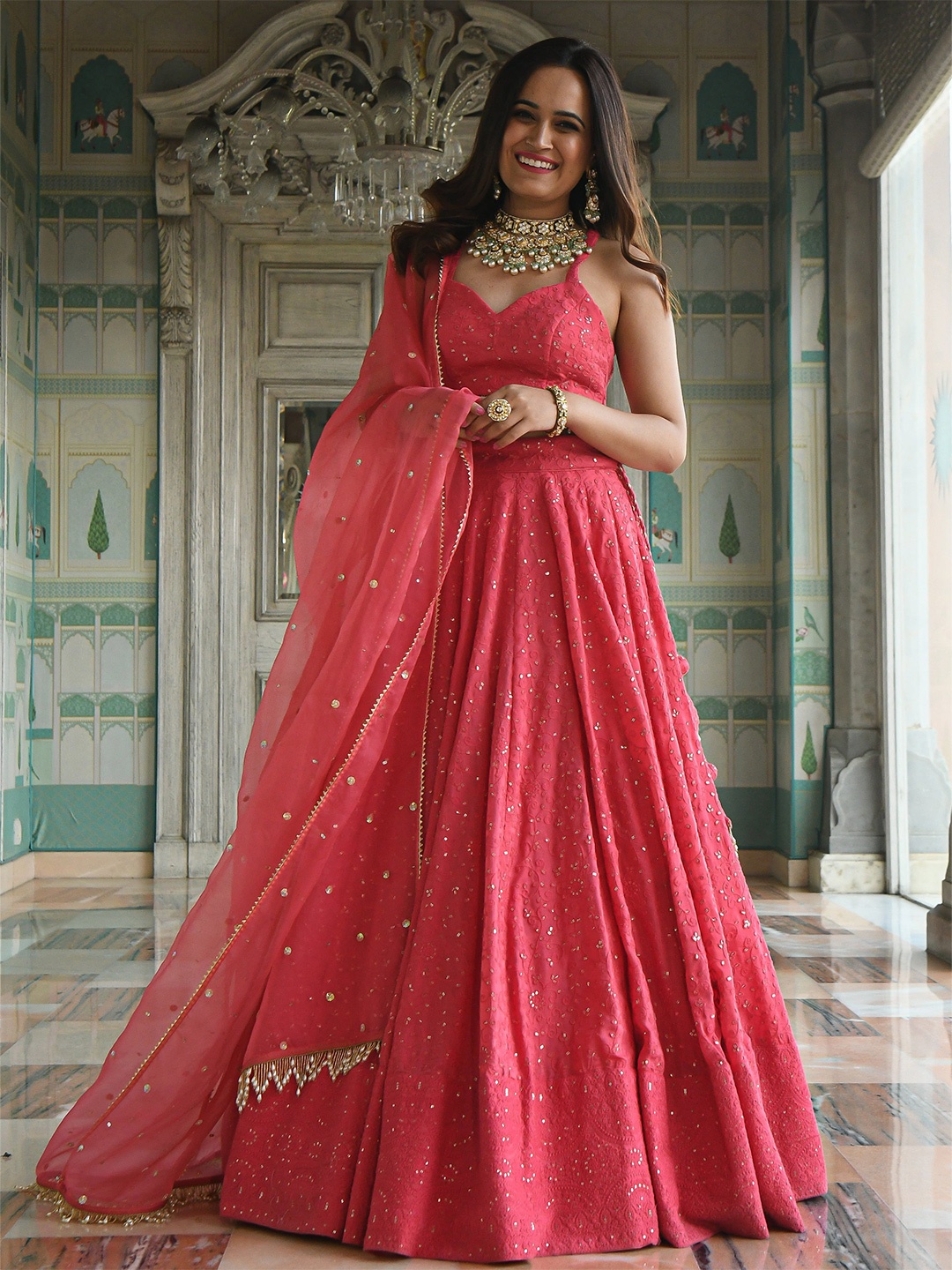 

FABPIXEL Embroidered Sequinned Semi-Stitched Lehenga & Unstitched Blouse With Dupatta, Pink