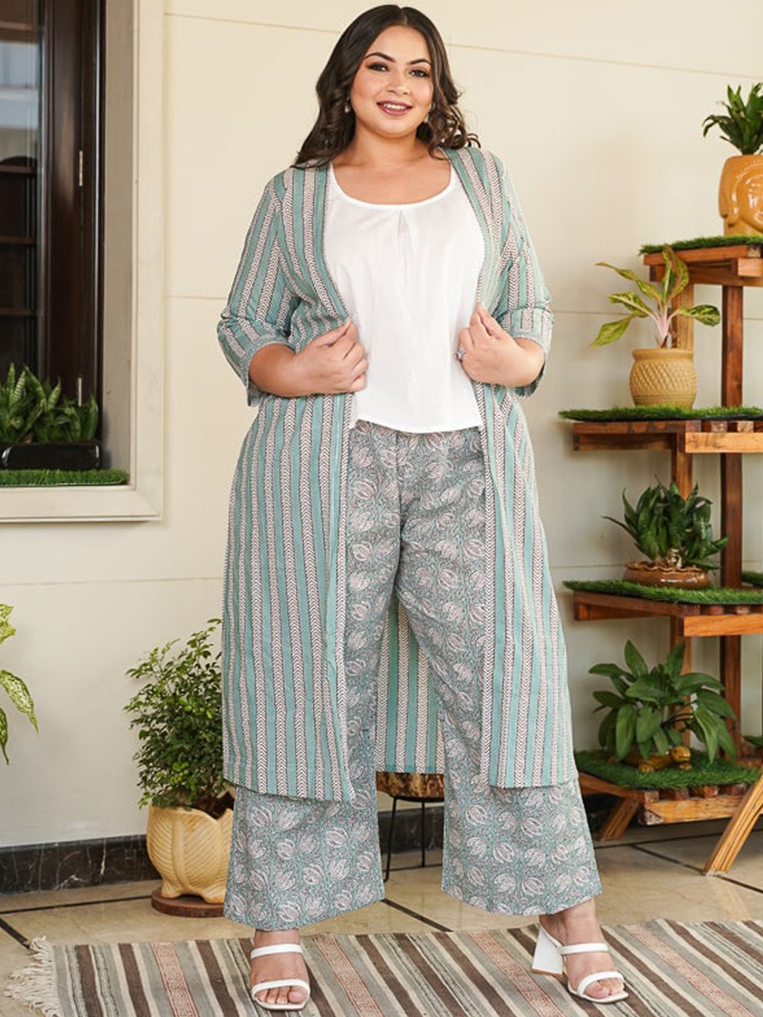 

NANGALIA RUCHIRA Plus Size Printed Pure Cotton Top With Trousers & Jacket, Green