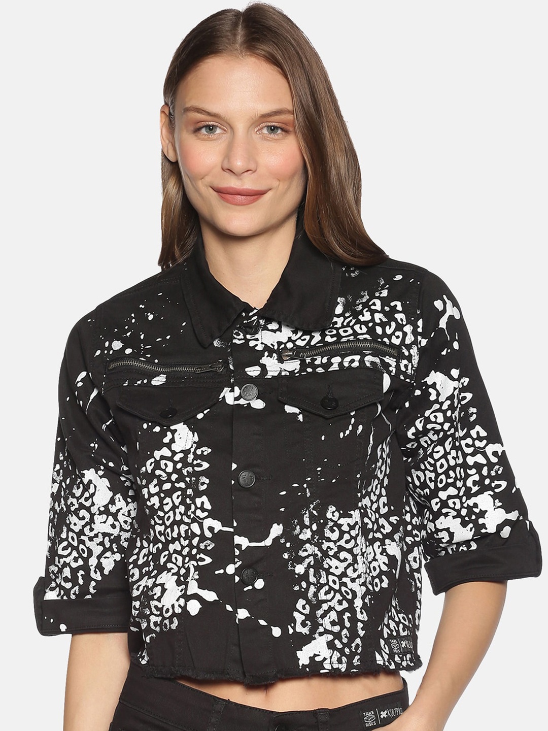 

KULTPRIT Abstract Printed Lightweight Crop Tailored Jacket, Black